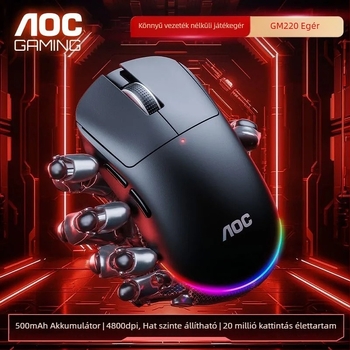 AOC GM220 vezeték nélküli egér Bluetooth és 2,4 GHz dual módú csatlakozással, 4800 DPI, 5 gomb, USB interfész, újratölthető