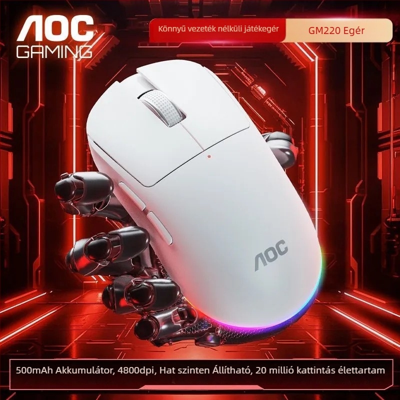 AOC GM220 vezeték nélküli egér Bluetooth és 2,4 GHz dual módú csatlakozással, 4800 DPI, 5 gomb, USB interfész, újratölthető