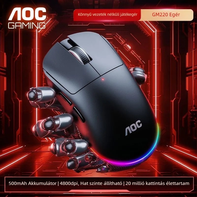 AOC GM220 vezeték nélküli egér Bluetooth és 2,4 GHz dual módú csatlakozással, 4800 DPI, 5 gomb, USB interfész, újratölthető