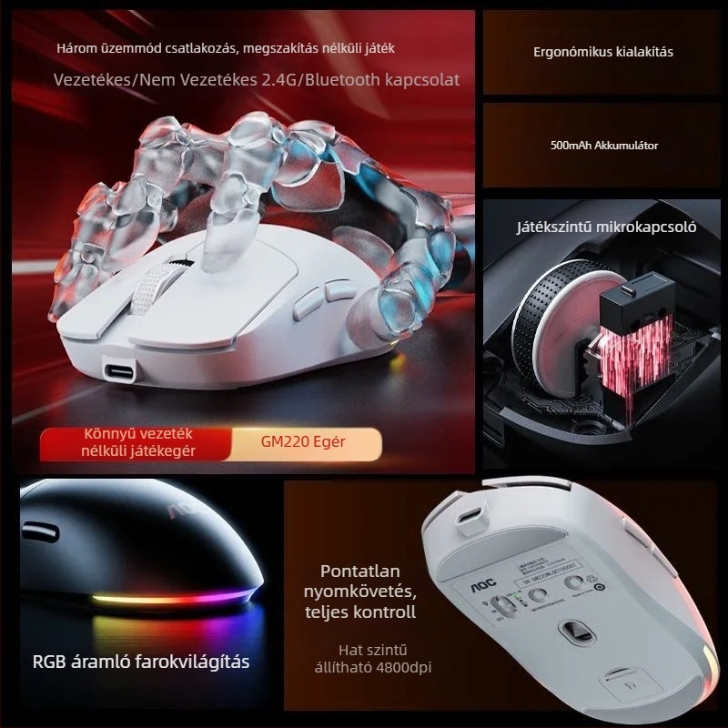 AOC GM220 vezeték nélküli egér Bluetooth és 2,4 GHz dual módú csatlakozással, 4800 DPI, 5 gomb, USB interfész, újratölthető