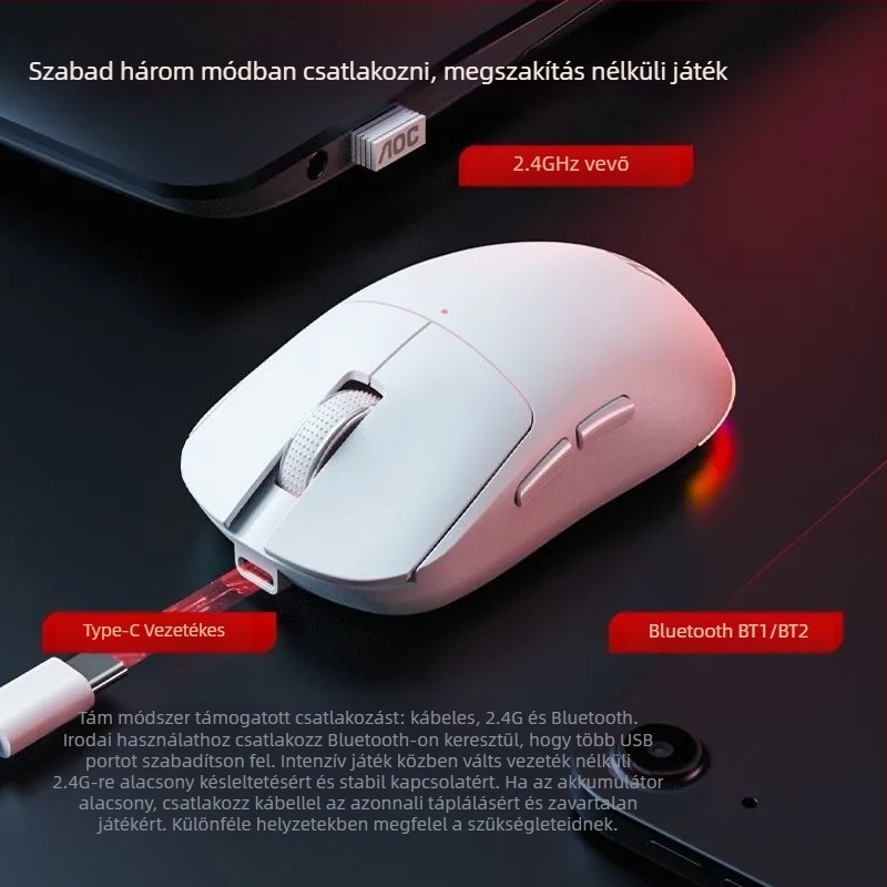 AOC GM220 vezeték nélküli egér Bluetooth és 2,4 GHz dual módú csatlakozással, 4800 DPI, 5 gomb, USB interfész, újratölthető