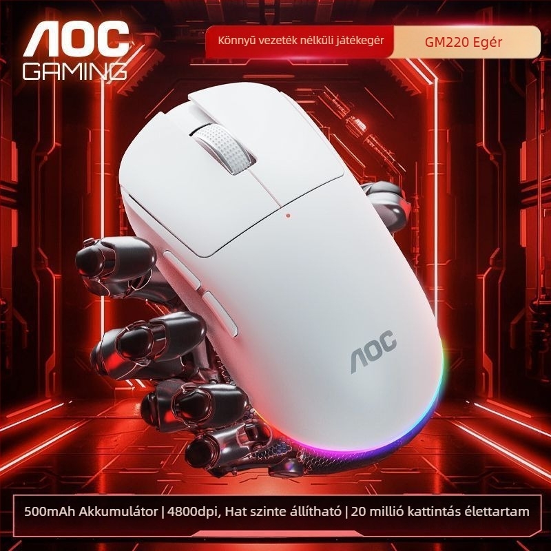 AOC GM220 vezeték nélküli egér Bluetooth és 2,4 GHz dual módú csatlakozással, 4800 DPI, 5 gomb, USB interfész, újratölthető