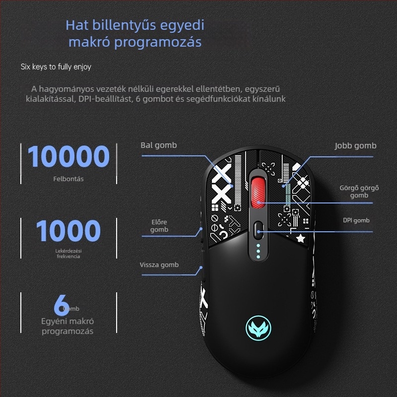 Hot Silver Fox fotóelektronikus egér – USB interfész, 10000 DPI, 6 gomb, kábel + 2.4G vezeték nélküli, újratölthető