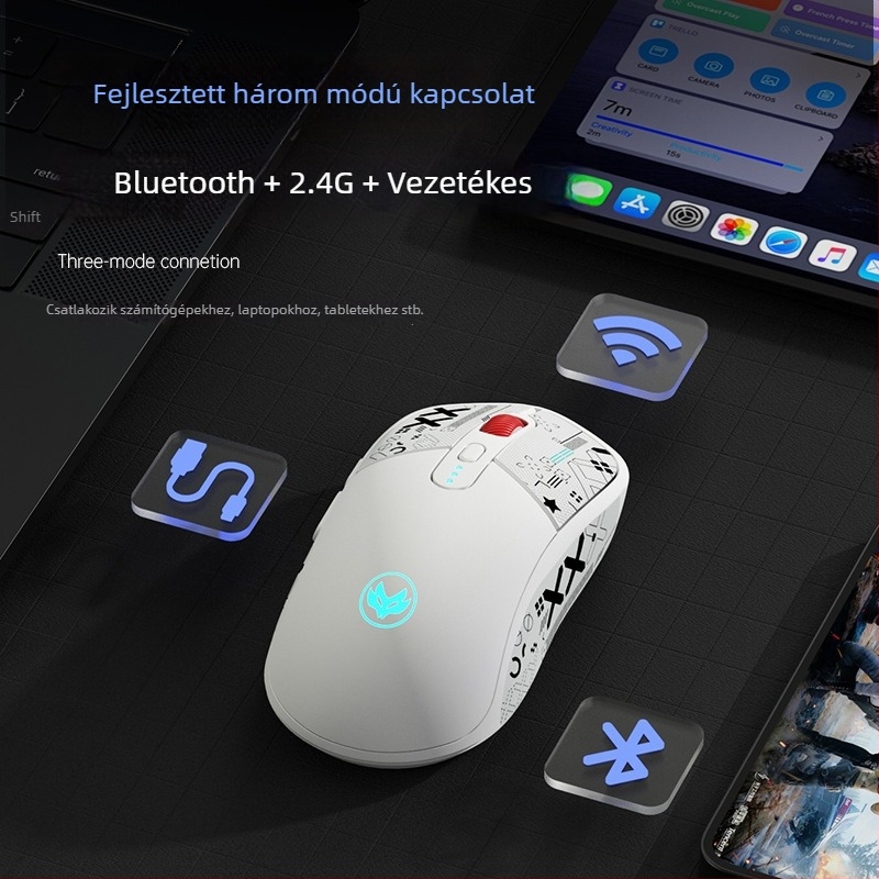 Hot Silver Fox fotóelektronikus egér – USB interfész, 10000 DPI, 6 gomb, kábel + 2.4G vezeték nélküli, újratölthető
