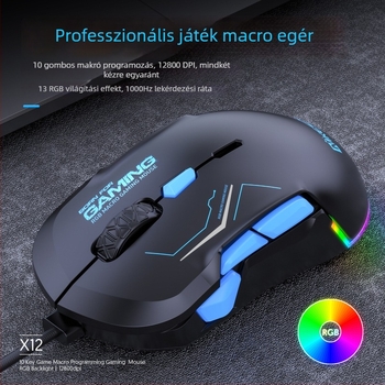 Játék egér 12800 DPI, 10 gomb, USB-kábel, RGB makró támogatás, modell X12