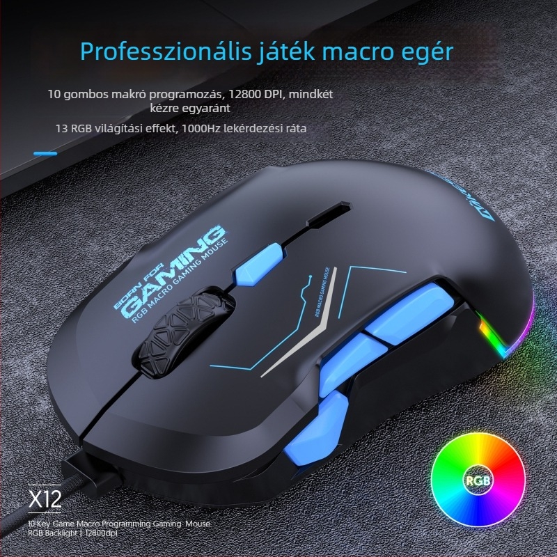 Játék egér 12800 DPI, 10 gomb, USB-kábel, RGB makró támogatás, modell X12