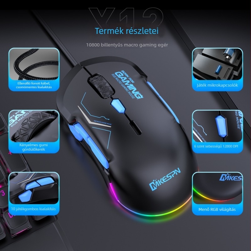 Játék egér 12800 DPI, 10 gomb, USB-kábel, RGB makró támogatás, modell X12