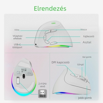 Vezeték nélküli dupla módban lévő függőleges ergonómikus egér, 4000dpi, 9 gomb, újratölthető, Bluetooth és 2.4GHz, 10 m hatótávolság