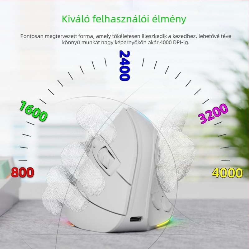 Vezeték nélküli dupla módban lévő függőleges ergonómikus egér, 4000dpi, 9 gomb, újratölthető, Bluetooth és 2.4GHz, 10 m hatótávolság