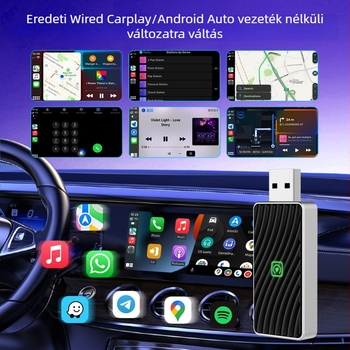 USB CarPlay & Android Auto vezeték nélküli dupla-csatornás autóbox – 5V, 3–5W, 45 g, LED jelzőfények