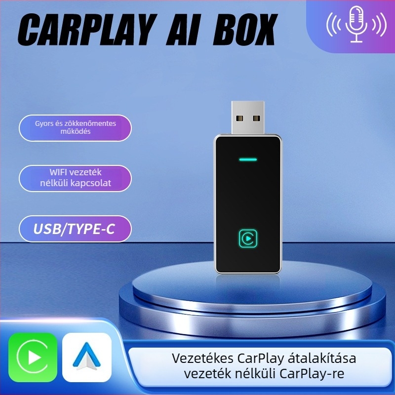 USB CarPlay & Android Auto vezeték nélküli dupla-csatornás autóbox – 5V, 3–5W, 45 g, LED jelzőfények