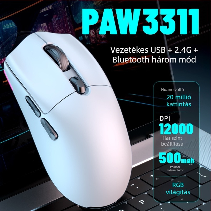 PAW3311 szenzoros gamingegér, 12000 DPI, három üzemmód: kábeles, 2,4 GHz és Bluetooth, 1000 Hz lekérdezési arány, tömeg 59 g