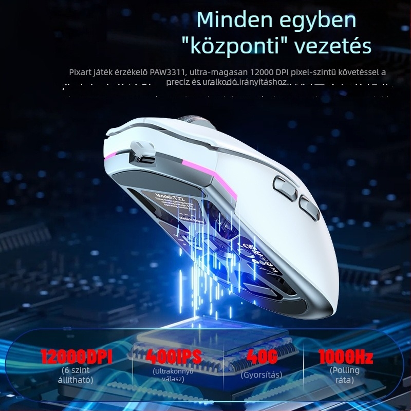 PAW3311 szenzoros gamingegér, 12000 DPI, három üzemmód: kábeles, 2,4 GHz és Bluetooth, 1000 Hz lekérdezési arány, tömeg 59 g