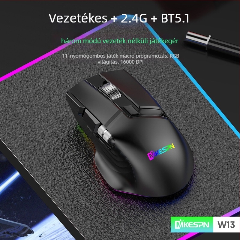 Hárommódos makró-támogatású játékmouse, 10 programozható gomb, RGB világítás, 16000 DPI, USB + 2,4G vezeték nélküli kapcsolat