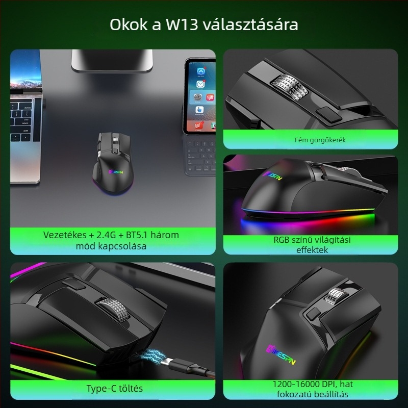 Hárommódos makró-támogatású játékmouse, 10 programozható gomb, RGB világítás, 16000 DPI, USB + 2,4G vezeték nélküli kapcsolat