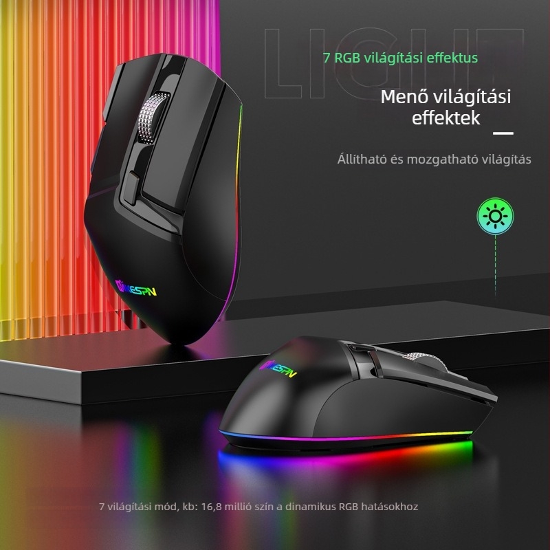 Hárommódos makró-támogatású játékmouse, 10 programozható gomb, RGB világítás, 16000 DPI, USB + 2,4G vezeték nélküli kapcsolat