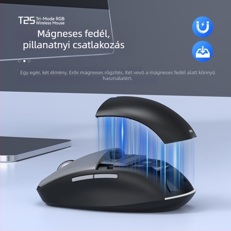 T25 vezeték nélküli optikai egér, 3200 DPI, 6 gombos, kettős módú vezeték nélküli kapcsolat (2.4G + Bluetooth), ergonómikus kialakítás, USB töltéssel
