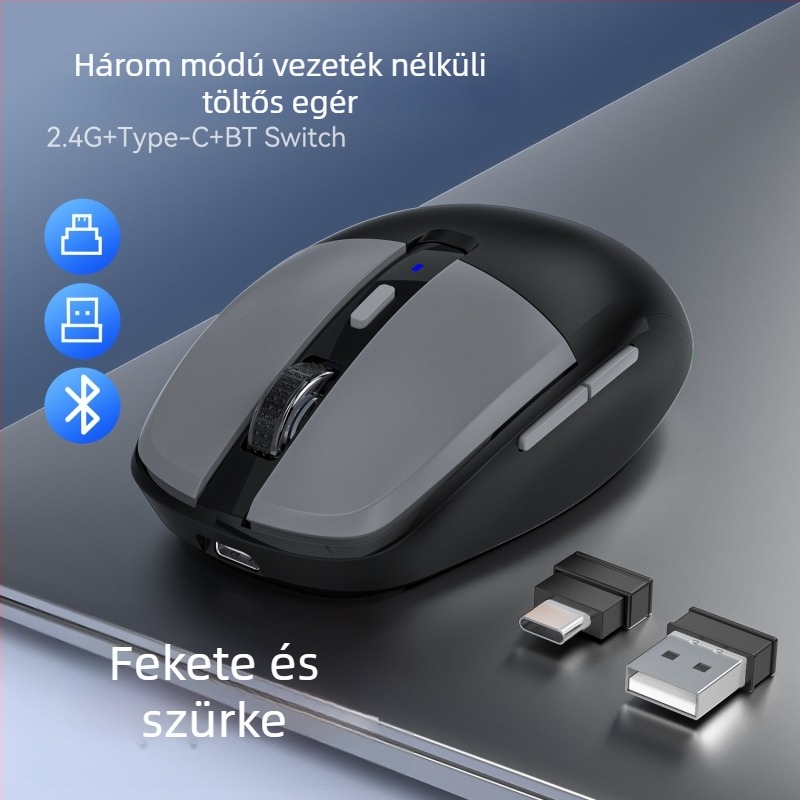 T25 vezeték nélküli optikai egér, 3200 DPI, 6 gombos, kettős módú vezeték nélküli kapcsolat (2.4G + Bluetooth), ergonómikus kialakítás, USB töltéssel