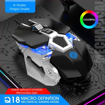 Q18 gamer egér, vezetékes, optikai szenzor, 5600dpi, 9 gomb, ergonómikus, DPI 6 szint, 1.5m kábel