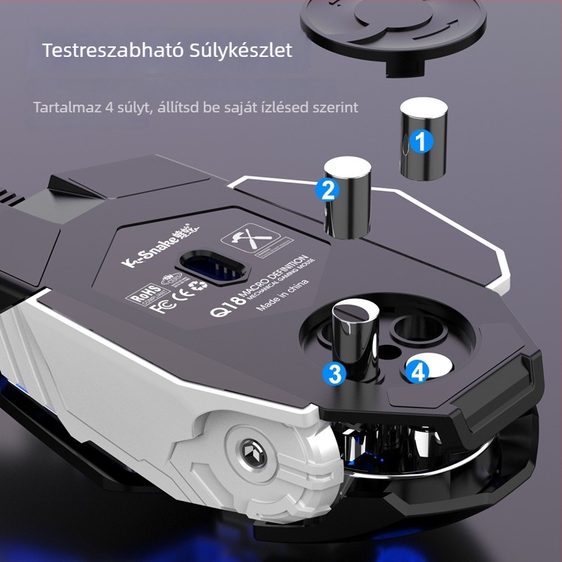 Q18 gamer egér, vezetékes, optikai szenzor, 5600dpi, 9 gomb, ergonómikus, DPI 6 szint, 1.5m kábel