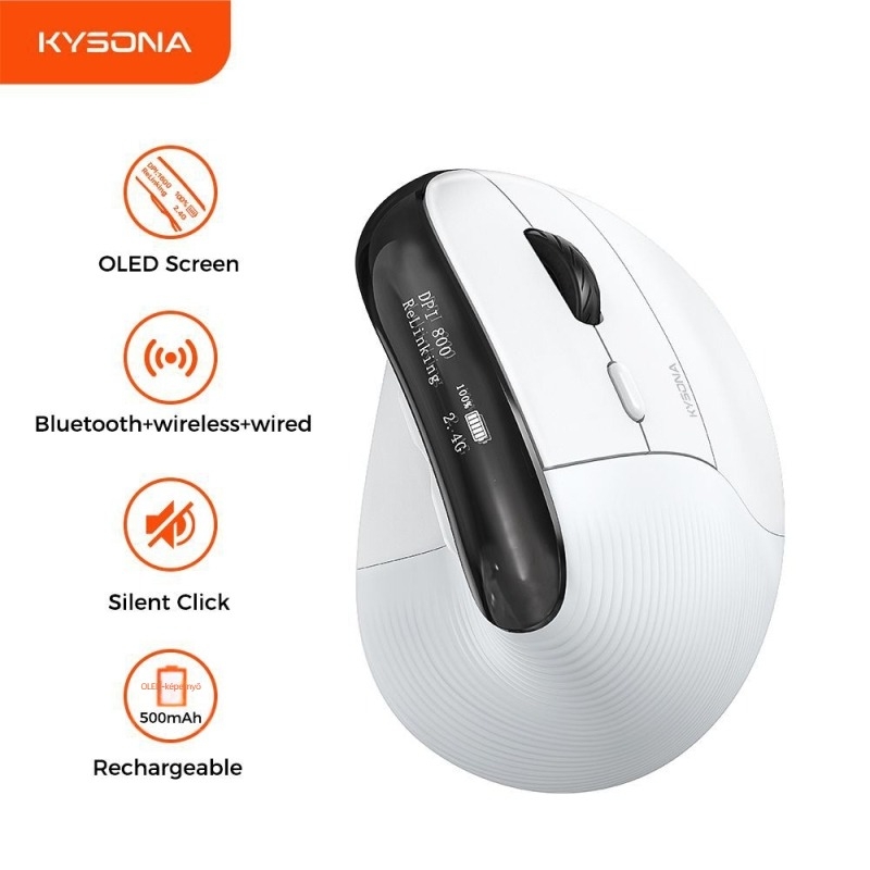 Ergonomikus függőleges vezeték nélküli egér USB interfésszel, 6400 DPI, 6 gomb, 2,4 GHz + Bluetooth dual módú kapcsolat, újratölthető akkumulátor
