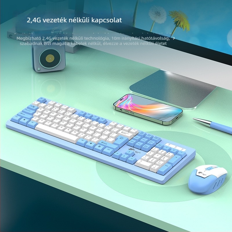 T906 Vezeték nélküli billentyűzet és egér készlet, 104 billentyű, 2.4GHz, 1600 DPI, Plug‑and‑Play, ergonikus