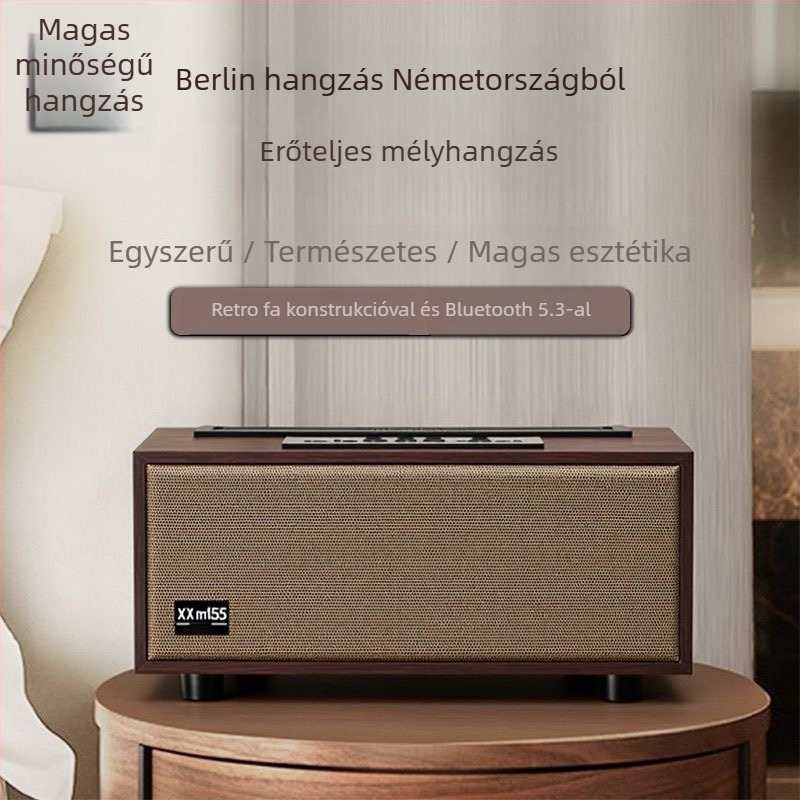 Vezeték nélküli Bluetooth asztali hangszóró kártya slotval, fa retro dizájn, kompakt hordozható — Bluetooth 5.3; teljesítmény 8W; frekvenciatartomány 100Hz–20kHz; SNR ≥75 dB; beépített akkumulátor 1000–1200 mAh