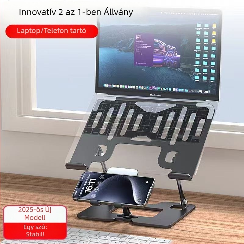 2-in-1 laptop- és telefon-tartó, állítható magasságú vertikális tartó, asztali billentyűzet-tartó, szénacél, 1.35 kg