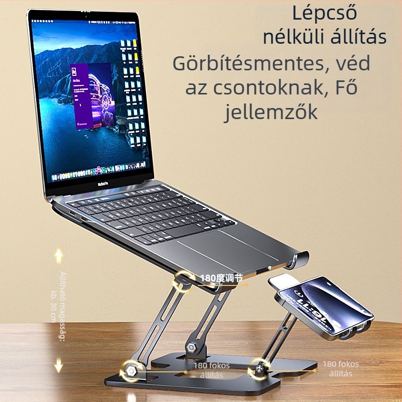 2-in-1 laptop- és telefon-tartó, állítható magasságú vertikális tartó, asztali billentyűzet-tartó, szénacél, 1.35 kg