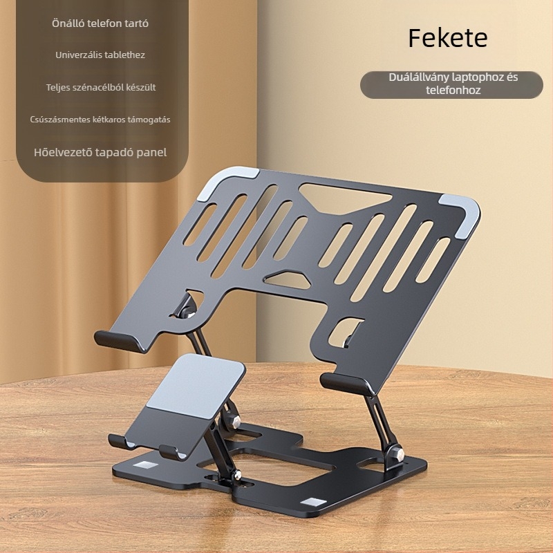 2-in-1 laptop- és telefon-tartó, állítható magasságú vertikális tartó, asztali billentyűzet-tartó, szénacél, 1.35 kg