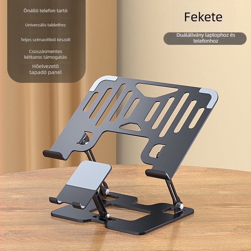 2-in-1 laptop- és telefon-tartó, állítható magasságú vertikális tartó, asztali billentyűzet-tartó, szénacél, 1.35 kg