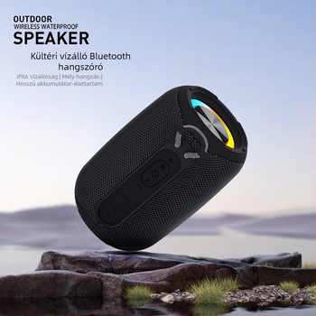 Kültéri Bluetooth hangszóró IPX6 vízálló, LED fények, 12W teljesítmény, Bluetooth 5.3, beépített akkumulátor 1200–2000mAh