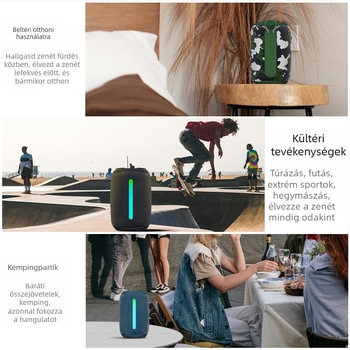 Kültéri Bluetooth hangszóró IPX6 vízálló, LED fények, 12W teljesítmény, Bluetooth 5.3, beépített akkumulátor 1200–2000mAh
