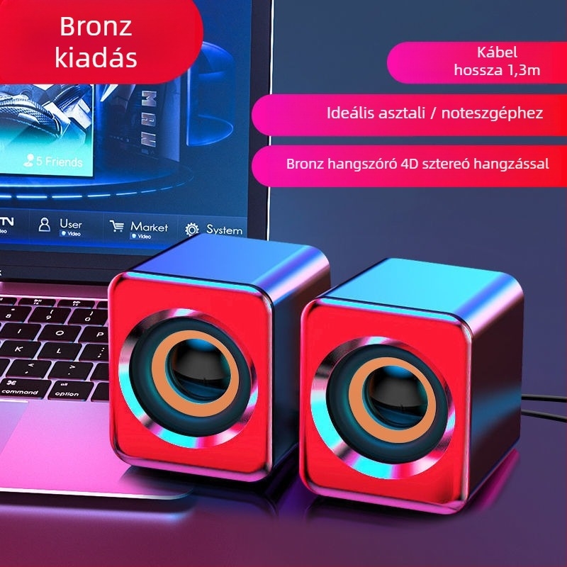 Asztali hangfal mélynyomóval, USB és Bluetooth csatlakozás; 40 Hz–20 kHz; SNR ≥100 dB; alumíniumötvözet ház; beépített 1200–2000 mAh akkumulátor