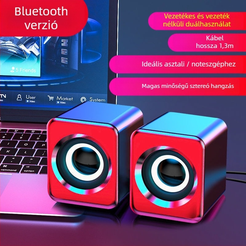 Asztali hangfal mélynyomóval, USB és Bluetooth csatlakozás; 40 Hz–20 kHz; SNR ≥100 dB; alumíniumötvözet ház; beépített 1200–2000 mAh akkumulátor