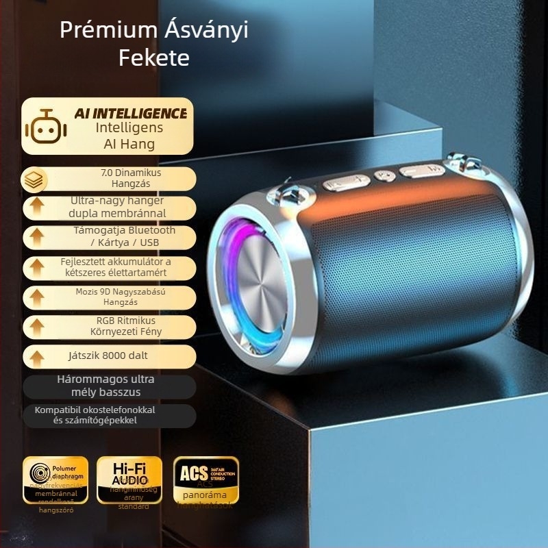 AI intelligens Bluetooth hangszóró szubwoofer mély basszus, Bluetooth kapcsolat, frekvenciatartomány 100 Hz–20 kHz, SNR ≥70 dB, ABS ház, IPX7 vízállóság