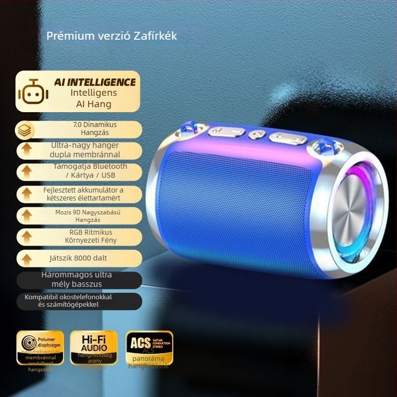 AI intelligens Bluetooth hangszóró szubwoofer mély basszus, Bluetooth kapcsolat, frekvenciatartomány 100 Hz–20 kHz, SNR ≥70 dB, ABS ház, IPX7 vízállóság