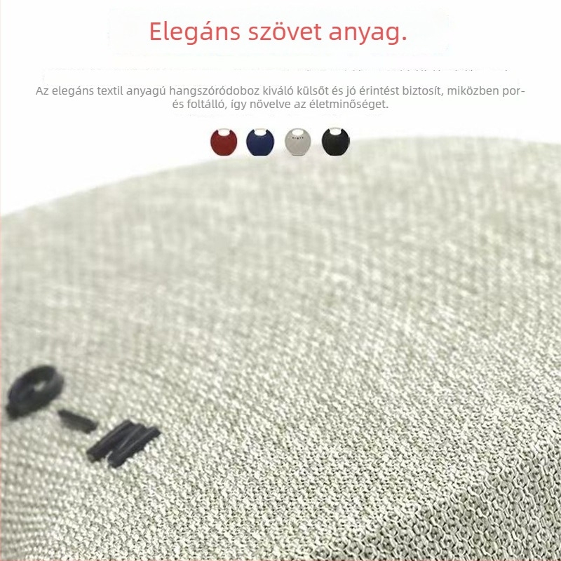 Textil fogantyúval ellátott hordozható Bluetooth-hangszóró — kültéri és asztali használatra, beépített mélynyomóval, 5W, Bluetooth 5.0, 1000–1200mAh akkumulátor, IPX2, 10 m hatótávolság