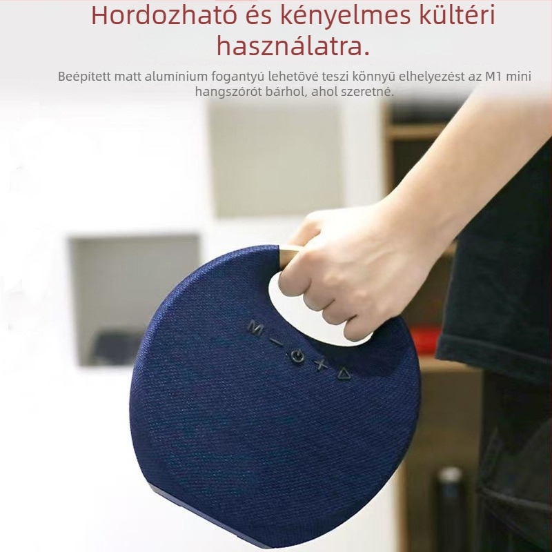 Textil fogantyúval ellátott hordozható Bluetooth-hangszóró — kültéri és asztali használatra, beépített mélynyomóval, 5W, Bluetooth 5.0, 1000–1200mAh akkumulátor, IPX2, 10 m hatótávolság