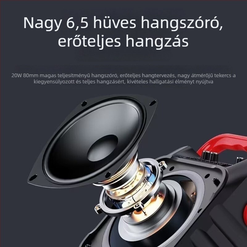 A9 Hordozható Bluetooth karaokés hangszóró beépített mikrofonnal, kültéri használatra, 12W kimenet, BT 5.0, 100Hz-20kHz, SNR ≥70dB, beépített akkumulátor