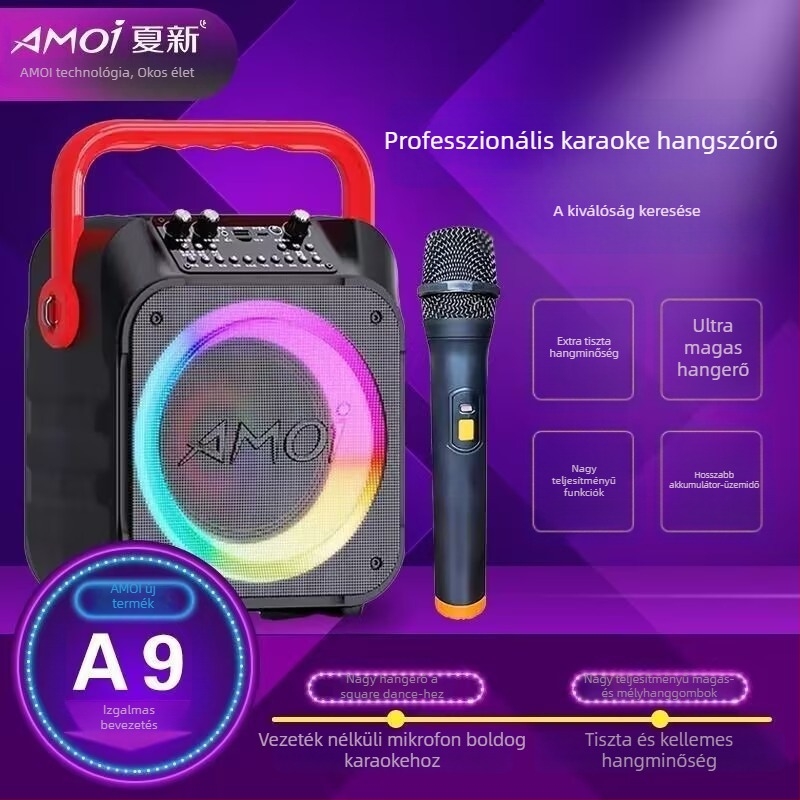 A9 Hordozható Bluetooth karaokés hangszóró beépített mikrofonnal, kültéri használatra, 12W kimenet, BT 5.0, 100Hz-20kHz, SNR ≥70dB, beépített akkumulátor