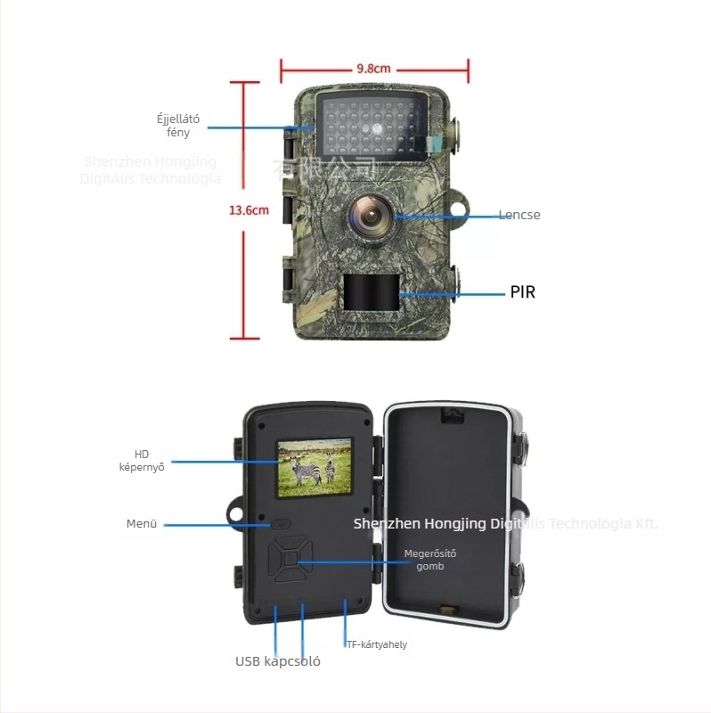 DL001 vadászkamera CMOS 16MP szenzorral, infravörös éjszakai látás, vízálló, 90° látószög, LCD 2.0 inch