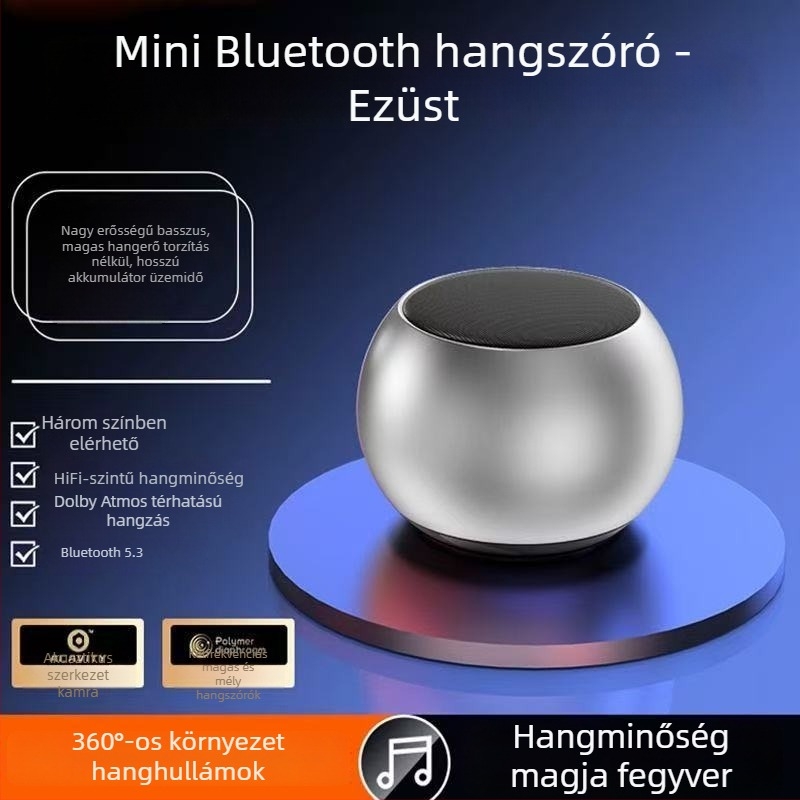 Vezeték nélküli Bluetooth mini hangszóró erőteljes basszussal, 5W, Bluetooth 5.3, 100 Hz–20 kHz, beépített akkumulátor 2000–4000 mAh, Hi‑Fi hangzás