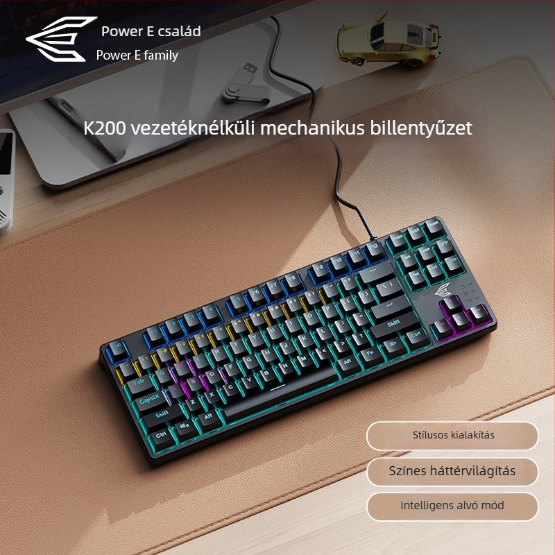 Mechanikus billentyűzet, 104 gomb, kábeles, kevert világítás, zöld tengelyű kapcsoló