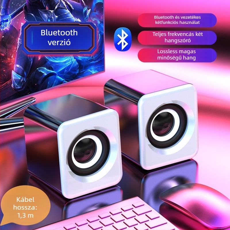 Asztali számítógépes hangrendszer Bluetooth, USB és 3,5 mm bemenettel; frekvencia 40 Hz–20 kHz; SNR ≥100 dB; IPX4 vízálló; beépített akkumulátor 1200–2000 mAh