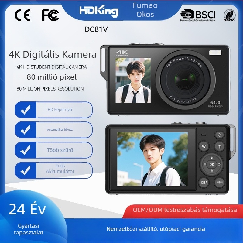 Diák digitális kamera 8 MP CMOS szenzorral, 18x optikai zoom, 2,7 hüvelykes LCD, 1080p videó, Wi-Fi