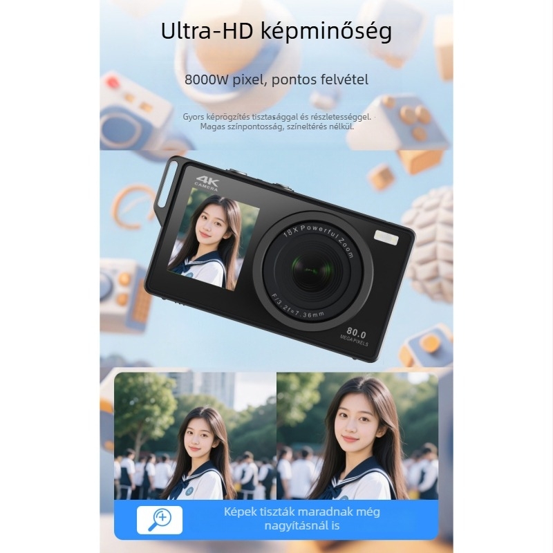 Diák digitális kamera 8 MP CMOS szenzorral, 18x optikai zoom, 2,7 hüvelykes LCD, 1080p videó, Wi-Fi