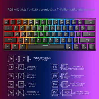 61 billentyűs vezetékes mechanikus billentyűzet RGB háttérvilágítással, vörös lineáris kapcsolókkal, ABS műanyagból