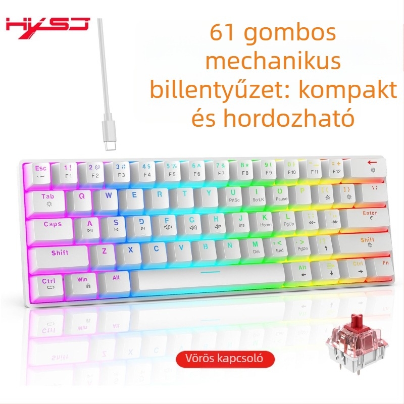 61 billentyűs vezetékes mechanikus billentyűzet RGB háttérvilágítással, vörös lineáris kapcsolókkal, ABS műanyagból