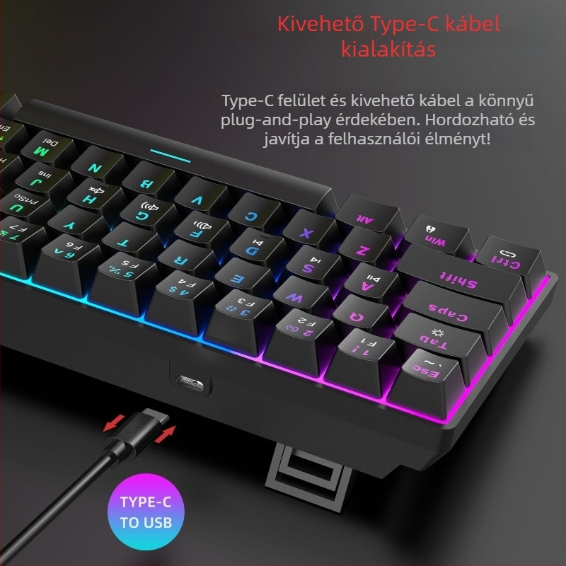 61 billentyűs vezetékes mechanikus billentyűzet RGB háttérvilágítással, vörös lineáris kapcsolókkal, ABS műanyagból